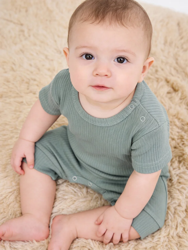 Babies Basic Babies Basic Ribbed Cotton Short Sleeves Romper, Green